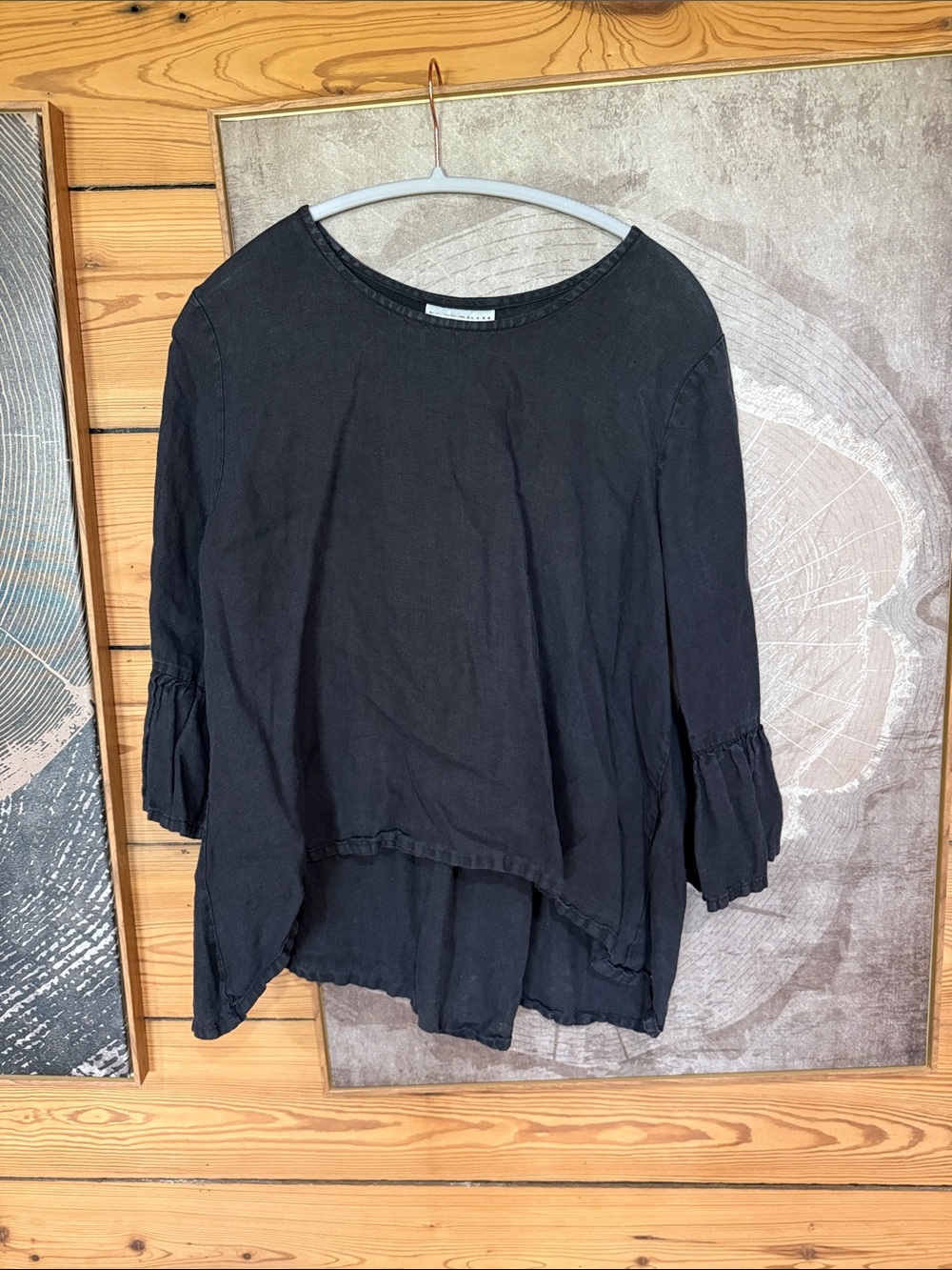 Bryn Walker linen Black Three-Quarter Sleeve high low Top with ruffle slleves